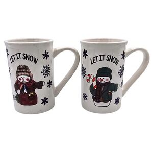 Set of 2 "Let It Snow" Snowman & Snowflakes‎  Winter Mugs Cups Holiday